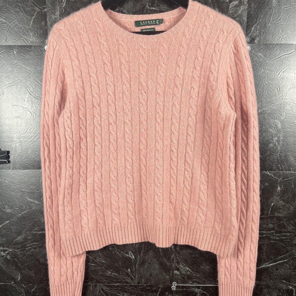 Polo Ralph Lauren Women's Pink Cashmere Cable Knit Sweater Fits Medium -Flaws